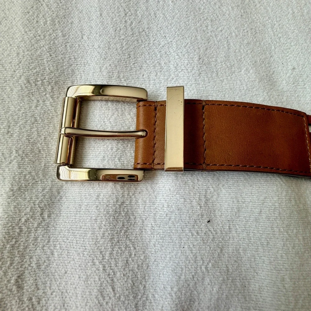 MK Cognac Brown Leather Lattice Laser Cut Belt with Gold Tone Buckle Medium